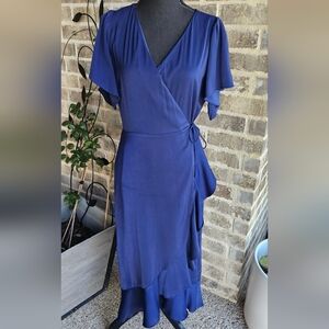 Chelsea28 Navy True Wrap Flutter Dress Medium Midi Ruffle Hi-Low Hem Nordstrom